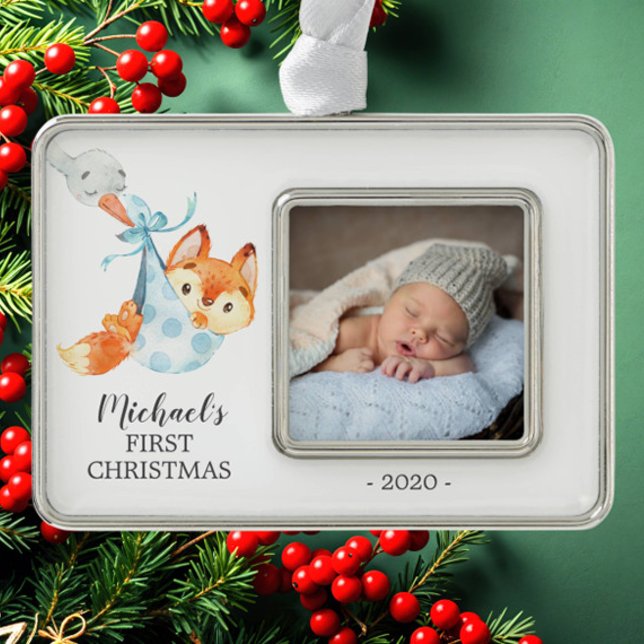 Special Delivery Fox First Christmas Photo Ornament (Creator Uploaded)