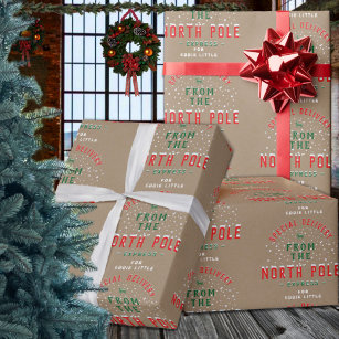 30x15' Kraft Black Name North Pole From Santa Wrapping Paper