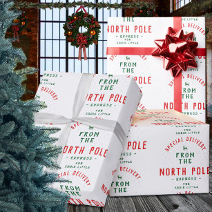Simple North Pole Express Red White Name Christmas Wrapping Paper