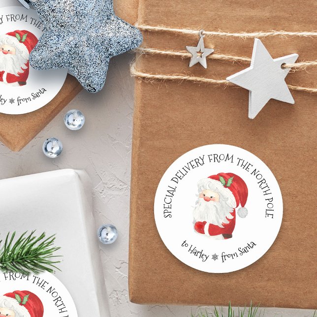 Special Delivery from North Pole from Santa Classic Round Sticker (Special delivery from the North Pole Santa Sticker - personalized with child's name)