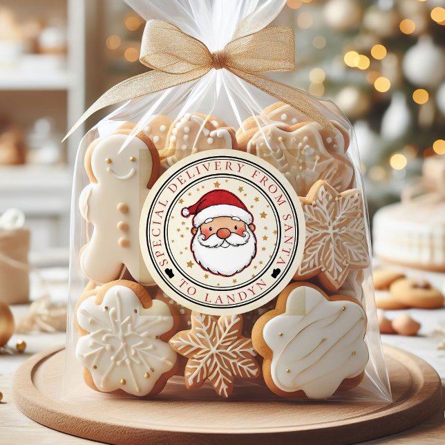 Special Delivery From Santa Custom  Classic Round Sticker (Santa Claus Special Delivery Custom Round Christmas Sticker)