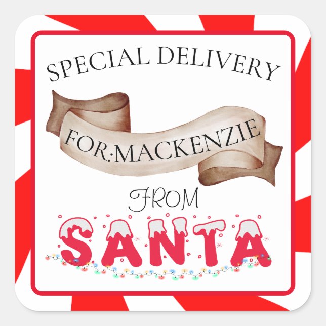 Special Delivery From Santa Custom Name Christmas Square Sticker (Front)