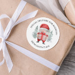Special Delivery From Santa Kids Christmas Classic Round Sticker<br><div class="desc">Kids christmas stickers featuring a minimilist white background,  elegant watercolor pine trees,  santa claus holding a gift,  and a text template for you to personalize.</div>