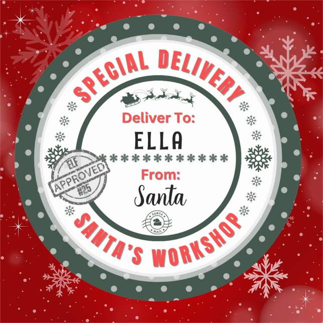 Special Delivery from Santa to Child Gift Tag (White background bold. 3"/Matte recommended for hand written names. Merry Chr)