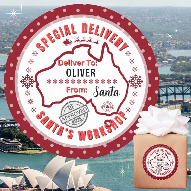 Special Delivery from Santa to Child in Australia Classic Round Sticker (Recommend 3"/Matte for hand written names. Merry Christmas Mate!)