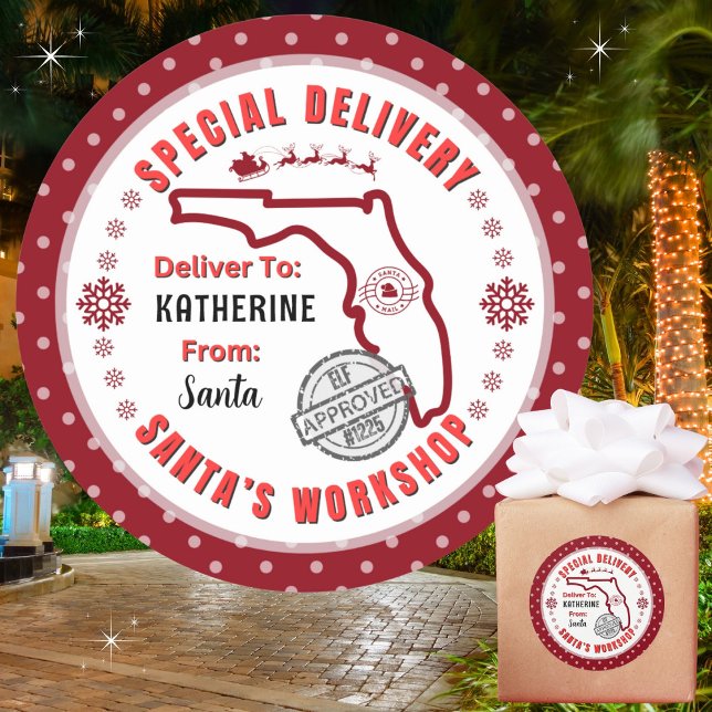 Special Delivery from Santa to Child in Florida Classic Round Sticker (Recommend 3"/Matte for hand written names. Merry Christmas!)