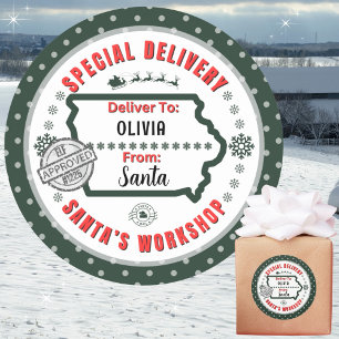 Special Delivery from Santa to Child in Iowa Green Classic Round Sticker