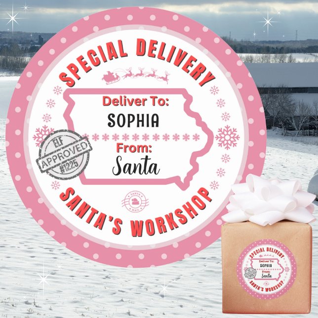 Special Delivery from Santa to Child in Iowa Pink Classic Round Sticker (Recommend 3"/Matte for hand written names. Merry Christmas!)