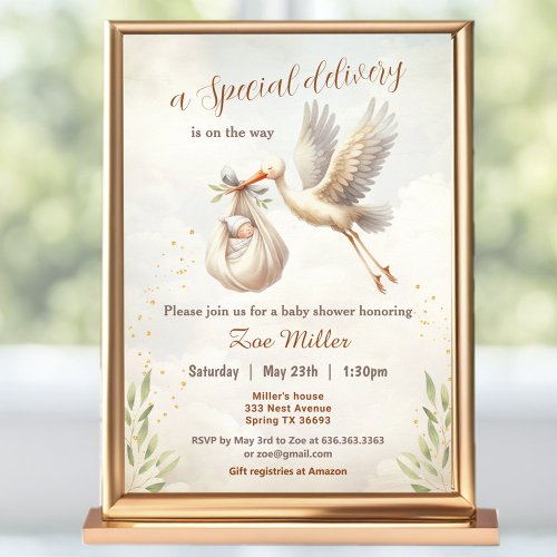 Special Delivery Gender Neutral Stork Baby Shower Invitation