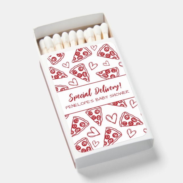 Special Delivery Hand Drawn Pizza Baby Shower Matchboxes (Front Open)
