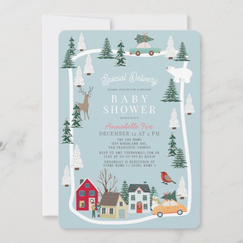 Special Delivery Holiday Town Blue Boy Baby Shower Invitation