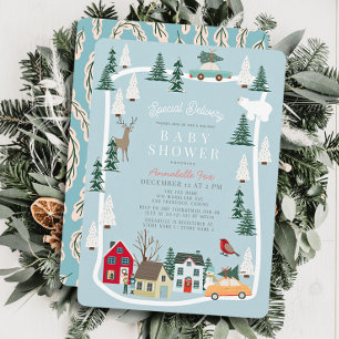Special Delivery Holiday Town Blue Boy Baby Shower Invitation