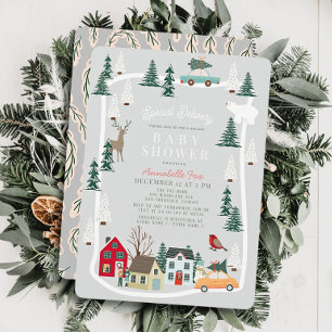 Special Delivery Holiday Town Gray Baby Shower Invitation