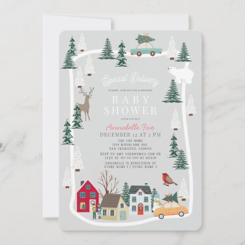 Special Delivery Holiday Town Gray Baby Shower Invitation