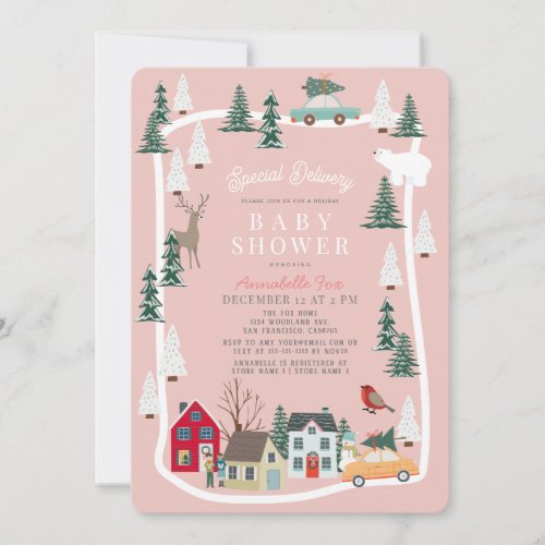 Special Delivery Holiday Town Pink Baby Shower Invitation