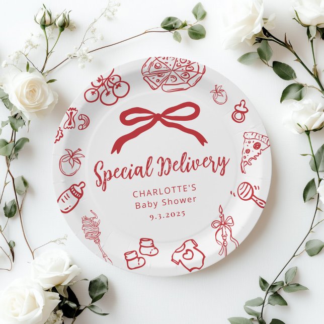 Special Delivery Italian Whimsical Bow Baby Shower Paper Plates (Creator Uploaded)