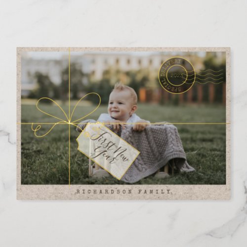 Special Delivery Parcel First New Year Baby Photo Foil Holiday Card