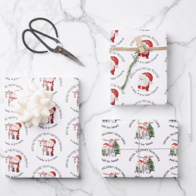 Special Delivery Personalized Santa Stamps Wrapping Paper Sheets (Front)