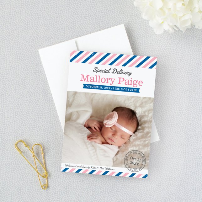 Special Delivery Pink Blue Airmail Baby Girl Announcement (Creator Uploaded)