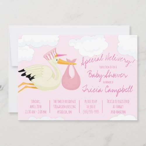 Special Delivery  Pink Stork Baby Shower Invitation