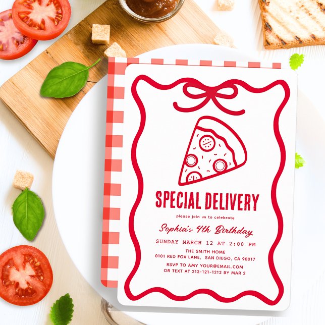 Special Delivery Red Hand-drawn Pizza Birthday Invitation (Creator Uploaded)
