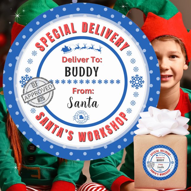 Special Delivery Santa to Child Blue Gift Label (Personalize with a name. Recommend 3", matte, if you choose to write in names. Avail in many colors.)