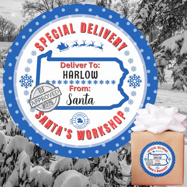 Special Delivery Santa to Child in Pennsylvania Classic Round Sticker (Recommend 3"/Matte for hand written names. Merry Christmas!)