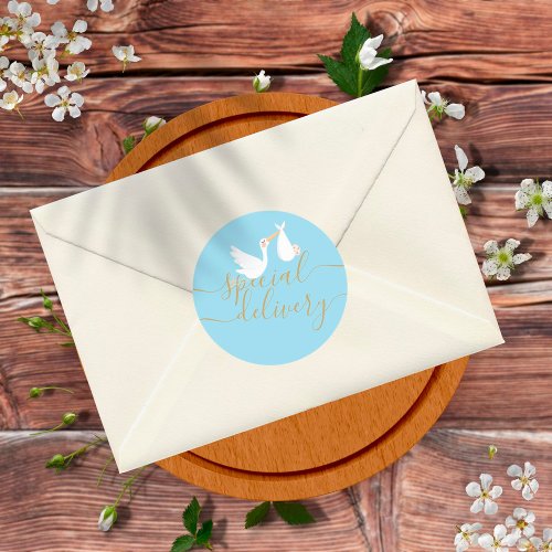 Special Delivery Stork and Baby Blue Classic Round Sticker