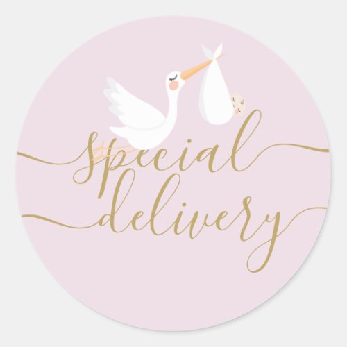 Special Delivery Stork and Baby Pink Classic Round Sticker
