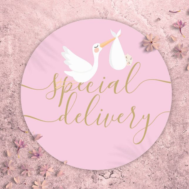 Special Delivery Stork and Baby Pink Classic Round Sticker (Special Delivery Stork and Baby Pink Classic Round Sticker)