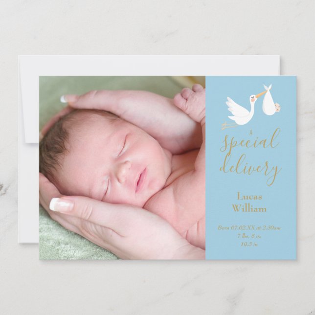 Special Delivery Stork Baby Boy Blue Photo Birth Announcement (Front)