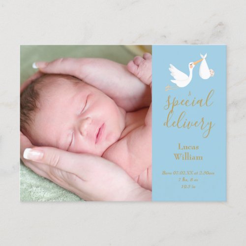 Special Delivery Stork Baby Boy Photo Blue Birth Announcement Postcard