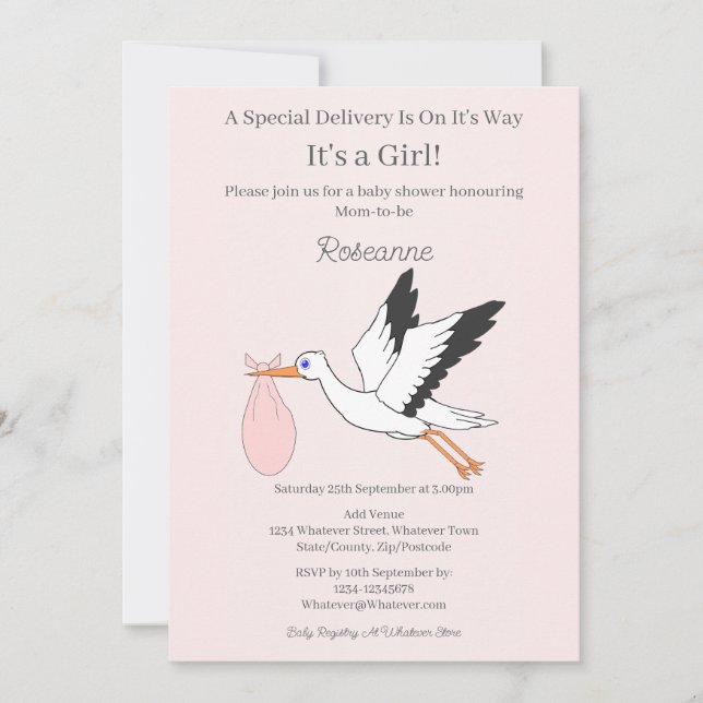 Special Delivery Stork Baby Girl Baby Shower Invitation (Front)