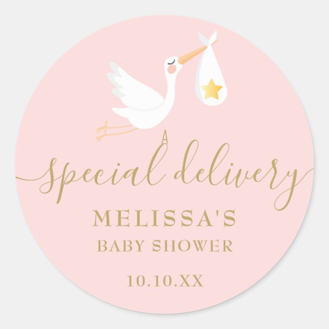 Special Delivery Stork Baby Girl Pink Shower Classic Round Sticker