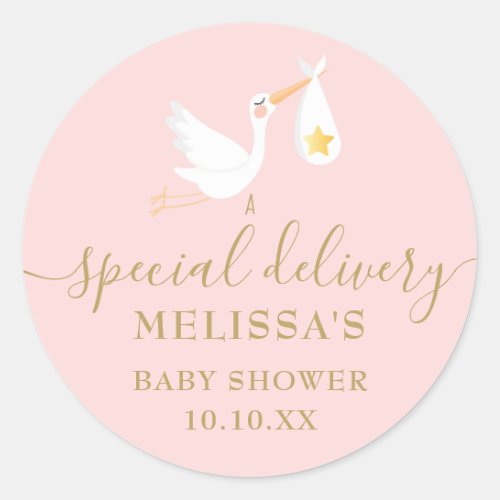 Special Delivery Stork Baby Girl Pink Shower Classic Round Sticker