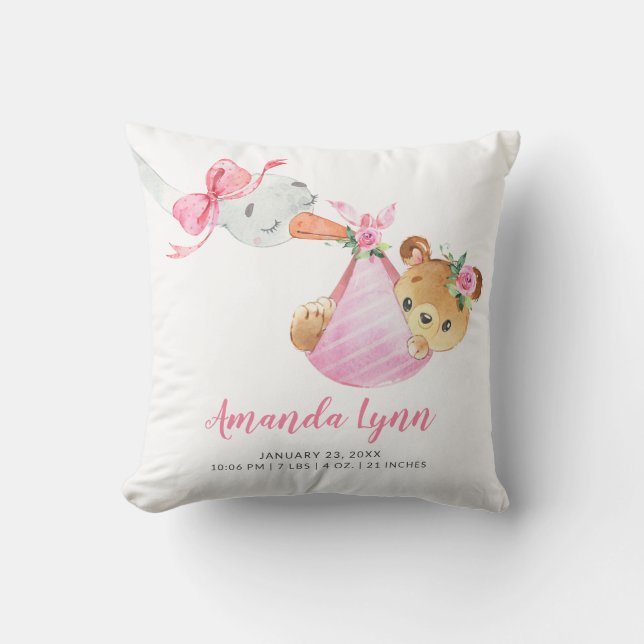 Special Delivery Stork Bear Baby Birth Stats Throw Pillow (Front)