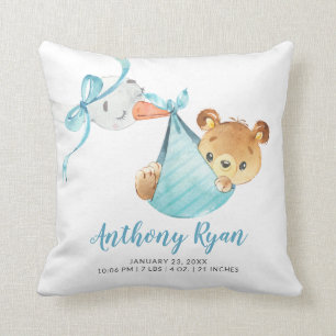 Special Delivery Stork Bear Baby Birth Stats Throw Pillow