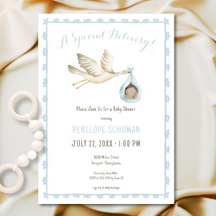 Special Delivery Stork Blue Baby Boy Baby Shower Invitation