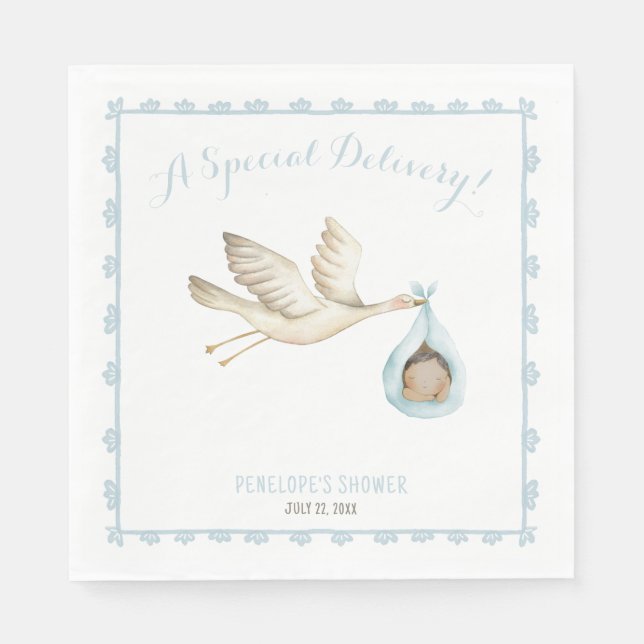Special Delivery Stork Blue Baby Boy Baby Shower Napkins (Front)
