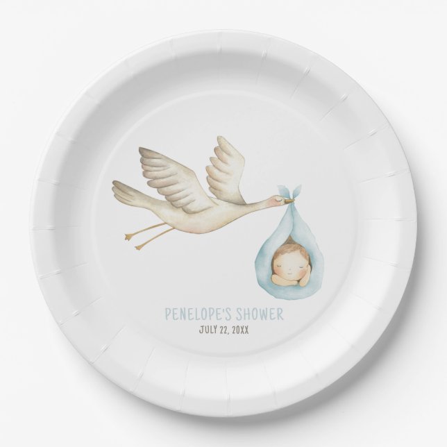 Special Delivery Stork Blue Baby Boy Baby Shower Paper Plates (Front)