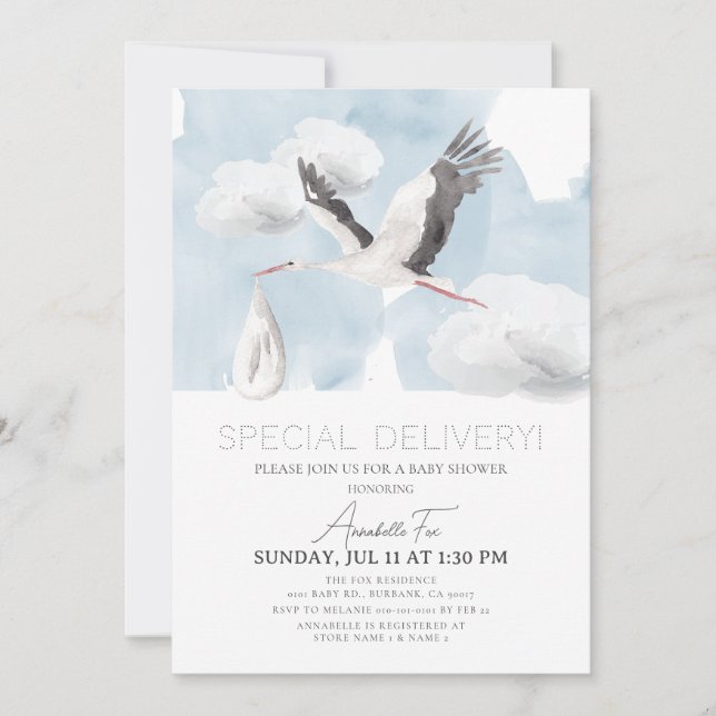 Special Delivery Stork Boy Baby Shower Invitation (Front)
