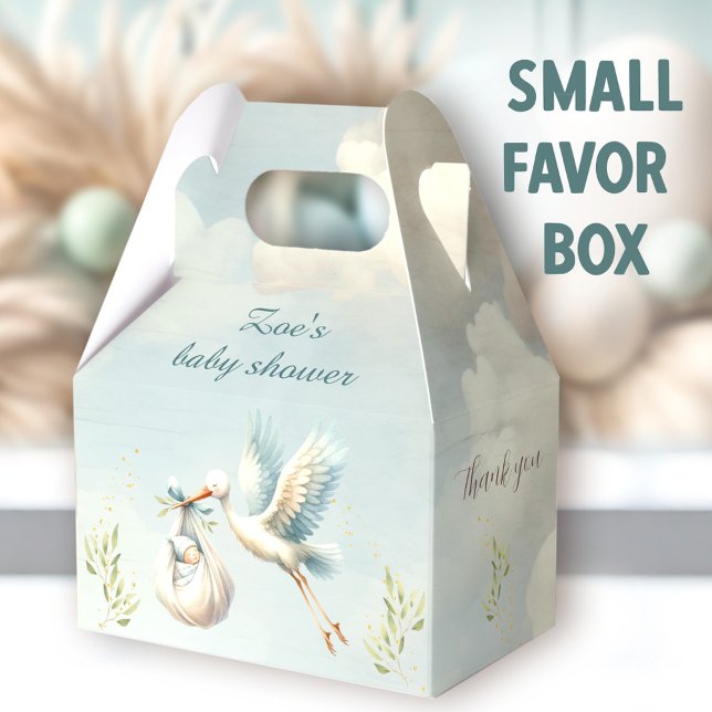 Special Delivery Stork Boy Baby Shower Small Favor Boxes (Special Delivery Stork Small Favor Boxes - You can choose from 3 sizes of these gable favor boxes.)