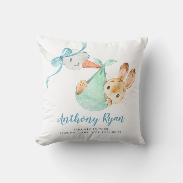Special Delivery Stork Bunny Baby Birth Stats Throw Pillow (Front)