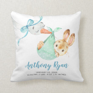Special Delivery Stork Bunny Baby Birth Stats Throw Pillow