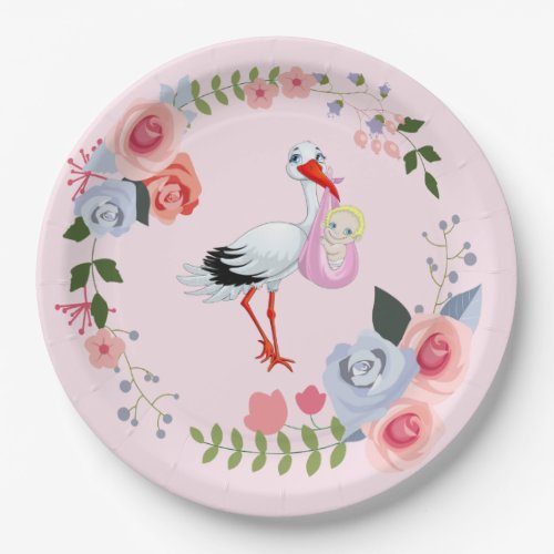 Special Delivery Stork Floral Baby Shower Paper Plates