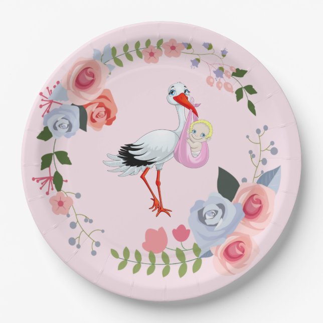 Special Delivery Stork Floral Baby Shower Paper Plates (Front)