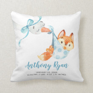 Special Delivery Stork Fox Baby Birth Stats Throw Pillow