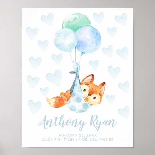 Special Delivery Stork Fox Baby Stats Poster