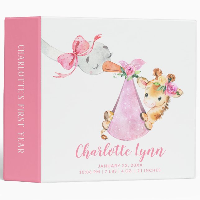 Special Delivery Stork Giraffe Baby Photo Album 3 Ring Binder (Front/Spine)