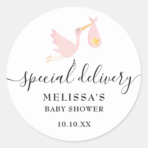 Special Delivery Stork Girl Pink  Baby Shower Classic Round Sticker